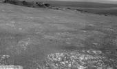 Bright veins cutting across outcrop in a section of Endeavour crater's rim called 'Botany Bay' are visible in the foreground and middle distance of this view from NASA's Mars Exploration Rover Opportunity on sol 2,681 (Aug. 9, 2011).