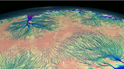 This frame from an animation shows the motion of ice in Antarctica as measured by satellite data from various space agencies. The colors represent the speed of the ice flows in meters per year.