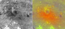 NASA's Dawn spacecraft obtained this false-color image (right) of an impact crater in asteroid Vesta's equatorial region with its framing camera on July 25, 2011. The view on the left is from the camera's clear filter.