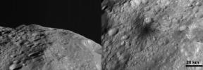 NASA's Dawn spacecraft obtained these side-by-side views of a dark hill of the surface of asteroid Vesta with its framing camera on August 19, 2011. The images have a resolution of about 260 meters per pixel.