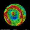The terrain model of Vesta's southern hemisphere shows a big circular structure, its rim rising above the interior of the structure. This false-color map of the giant asteroid Vesta is from the framing camera aboard NASA's Dawn spacecraft.