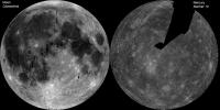 The image of the Moon (left) is a mosaic of images from NASA's Clementine. The Mercury image (right) is a NASA Mariner 10 mosaic.