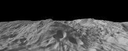This image of asteroid Vesta, from NASA's Dawn spacecraft, calculated from a shape model, shows a tilted view of the topography of the south polar region. This perspective removes the overall curvature of Vesta, as if the giant asteroid were flat and not