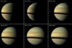 The biggest, most long-lasting Saturnian storm seen by either NASA's Cassini or Voyager spacecraft roils the atmosphere of the gas giant in this nearly true-color mosaic of Cassini images.