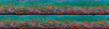 With kaleidoscopic forms and hues, these two false-color views from NASA's Cassini spacecraft show the patterns that come and go in the course of one Saturn day within the huge storm in the planet's northern hemisphere.