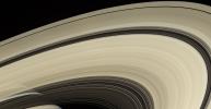 This image from NASA's Cassini spacecraft shows that the rings of Saturn are made mostly of particles of water ice that range in size from smaller than a grain of sand to as large as mountains.