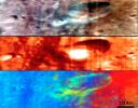 NASA's Dawn spacecraft used its Visible and Infrared Imaging Spectrometer instrument to produce these three different composite images of the same region of asteroid Vesta's surface.