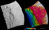 These images from NASA's Dawn spacecraft show part of the rim of asteroid Vesta's south polar basin, which is dominated by a large scarp (cliff) that runs vertically across the center of the images.