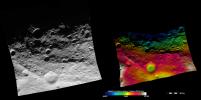 These images from NASA's Dawn spacecraft show part of asteroid Vesta's equatorial region, which contains a prominent, deep impact crater (lower center of images) and large troughs (linear depressions).