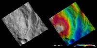 These images from NASA's Dawn spacecraft show part of Rheasilvia quadrangle in asteroid Vesta's southern hemisphere. The hummocky, undulating terrain surrounding the central complex feature consists of ridges and grooves.