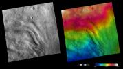 These images from NASA's Dawn spacecraft show part of the grooved terrain in asteroid Vesta's Pinaria quadrangle, which is in the southern hemisphere. Large-scale grooves and depressions can be seen running diagonally across the image.