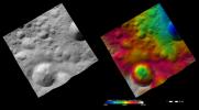 These images from NASA's Dawn spacecraft show Gegania crater on asteroid Vesta, after which Gegania quadrangle is named. The image at left shows the albedo (brightness/darkness) of the surface.