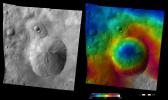 These images from NASA's Dawn spacecraft show Oppia crater on asteroid Vesta, after which Oppia quadrangle is named. Oppia crater is a distinctive crater because it has an unusually shaped rim, which is almost rectangular in form.