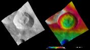 These images from NASA's Dawn spacecraft show Pinaria crater on asteroid Vesta, after which Pinaria quadrangle is named. Many young fresh impact craters are visible on the slumped material.