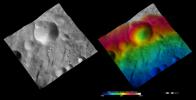 These images from NASA's Dawn spacecraft show Urbinia crater on asteroid Vesta. Urbinia crater is distinctive because is has an irregularly shaped rim due to the formation of other impact craters along its rim and then subsequent erosion.