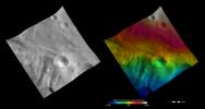 These images from NASA's Dawn spacecraft show Tuccia crater, after which Tuccia quadrangle is named. Tuccia crater is located about 40 kilometers (25 miles) northward of the rim of Vesta's large south polar Rheasilvia basin.