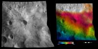 The left-hand image from NASA's Dawn spacecraft shows the apparent brightness of asteroid Vesta's surface. The right-hand image is based on this apparent brightness image, with a color-coded height representation of the topography overlain onto it.