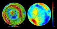 This set of images from NASA's Dawn spacecraft shows topography of the southern hemisphere of the giant asteroid Vesta and a map of Vesta's gravity variations that have been adjusted to account for Vesta's shape.