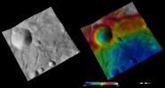 These images from NASA's Dawn spacecraft are located in asteroid Vesta's Urbinia quadrangle, in Vesta's southern hemisphere. Urbinia crater is the large, irregularly shaped crater, Sossia the middle-sized crater.