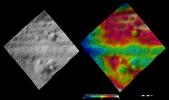 These images from NASA's Dawn spacecraft are located in asteroid Vesta's Gegania quadrangle, just south of Vesta's equator. Rubria, with dark and bright material is above Divalia Fossa, and Occia, with bright and dark material is below.