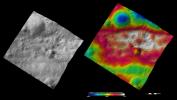 These images from NASA's Dawn spacecraft are located in asteroid Vesta's Gegania quadrangle, just south of Vesta's equator. Rubria is the crater with dark and bright material above Divalia Fossa and Occia is the crater with bright and dark material below.