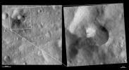 These images from NASA's Dawn spacecraft are located in asteroid Vesta's Gegania quadrangle, in Vesta's southern hemisphere; tiny craters and streaks developed from material can be seen slumping towards the center of the crater.