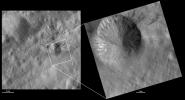 These images from NASA's Dawn spacecraft are located in asteroid Vesta's Gegania quadrangle, a little south of Vesta's equator; boulders can be seen on the bottom side of the crater.