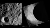 These images from NASA's Dawn spacecraft are located in asteroid Vesta's Floronia quadrangle, in Vesta's northern hemisphere; small boulders visible inside of Scantia crater.