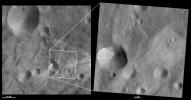 These images from NASA's Dawn spacecraft are located in asteroid Vesta's Urbinia quadrangle, in Vesta's southern hemisphere; many small boulders are visible on the right side of Sossia crater.