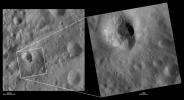 These images from NASA's Dawn spacecraft are located in asteroid Vesta's Numisia quadrangle, just south of Vesta's equator; there is a large slump of material covering the top rim of Teia crater, which makes it appear degraded.