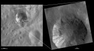 These images from NASA's Dawn spacecraft are located in asteroid Vesta's Numisia quadrangle, southern hemisphere; layers can be seen slumping towards the crater's center and there is slightly brighter material overlying slightly less bright material.