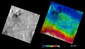 These apparent brightness and topography images from NASA's Dawn spacecraft are located in asteroid Vesta's Gegania quadrangle, in Vesta's southern hemisphere.