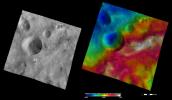 These apparent brightness and topography images from NASA's Dawn spacecraft are located in asteroid Vesta's Sextilia quadrangle, in Vesta's southern hemisphere.