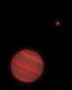 This is an illustration of a planet that is four times the mass of Jupiter and orbits 5 billion miles from a brown-dwarf companion (the bright red object seen in the background).