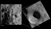 These images from NASA's Dawn spacecraft are located in asteroid Vesta's Numisia quadrangle, in Vesta's northern hemisphere. The bottom part of the rim of Fabia crater is much fresher than the top part of the rim.