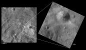 These images from NASA's Dawn spacecraft are located in asteroid Vesta's Urbinia quadrangle, in Vesta's southern hemisphere. The mottled appearance of the slump and small gullies around the fresh rim of the crater.