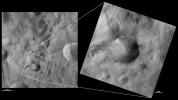 These images from NASA's Dawn spacecraft are located in asteroid Vesta's Sextilia quadrangle, in Vesta's southern hemisphere. The dark rays of the small crater to the bottom right of Laelia are particularly spectacular in the right image.