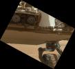 This view of the lower front and underbelly areas of NASA's Mars rover Curiosity was taken by the rover's MAHLI camera during Sept. 9, 2012. Also visible are the hazard avoidance cameras on the front of the rover.