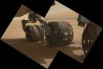 This view of the three left wheels of NASA's Mars rover Curiosity combines two images that were taken by the rover's Mars Hand Lens Imager (MAHLI) during the 34th Martian day, or sol, on Mars (Sept. 9, 2012).