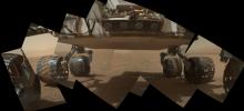 This view of the lower front and underbelly areas of NASA's Mars rover Curiosity combines nine images taken by the rover's MAHLI camera during the 34th Martian day, or sol, of Curiosity's work on Mars.