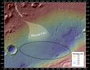 This image shows the topography, with shading added, around the area where NASA's Curiosity rover landed. An alluvial fan, or fan-shaped deposit where debris spreads out downslope, has been highlighted in lighter colors for better viewing.
