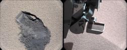 This pair of images shows a 'bite mark' where NASA's Curiosity rover scooped up some Martian soil (left), and the scoop carrying soil.