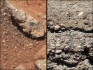 This set of images compares the 'Link' outcrop of rocks on Mars (left) with similar rocks seen on Earth (right). The 'Link' outcrop shows rounded gravel fragments, or clasts, up to a couple inches (few centimeters), within the rock outcrop.