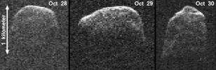 This composite image of asteroid 2007 PA8 was obtained using data taken by NASA's 230-foot-wide (70-meter) Deep Space Network antenna at Goldstone, Calif.