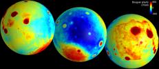 These maps of the moon show the 'Bouguer' gravity anomalies as measured by NASA's GRAIL mission. Red areas have stronger gravity, while blue areas have weaker gravity.