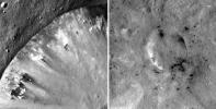 These mosaic images from NASA's Dawn mission show how dark, carbon-rich materials tend to speckle the rims of smaller craters or their immediate surroundings on the giant asteroid Vesta; Numisia Crater is shown at left.