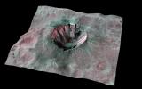 This composite-color view from NASA's Dawn mission shows Cornelia Crater, streaked with dark materials, on the giant asteroid Vesta. You need 3D glasses to view this image.