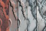 The HiRISE camera on NASA's Mars Reconnaissance Orbiter snapped this series of pictures of sand dunes in the north polar region of Mars. Each panel shows ice cracks releasing dark sand as spring progresses.