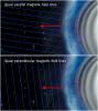 This illustration shows 'quasi-parallel' (top) and 'quasi-perpendicular' (bottom) magnetic field conditions at a planetary bow shock. Bow shocks are shockwaves created when the solar wind blows on a planet's magnetic field.