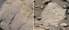 This set of images compares rocks seen by NASA's Opportunity rover and Curiosity rover at two different parts of Mars.